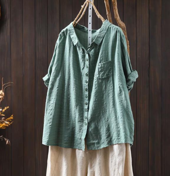 Johnature Women Vintage Shirts Tops Patchwork Pockets Solid Color Turn-down Collar Half Sleeve Thin Summer Shirt