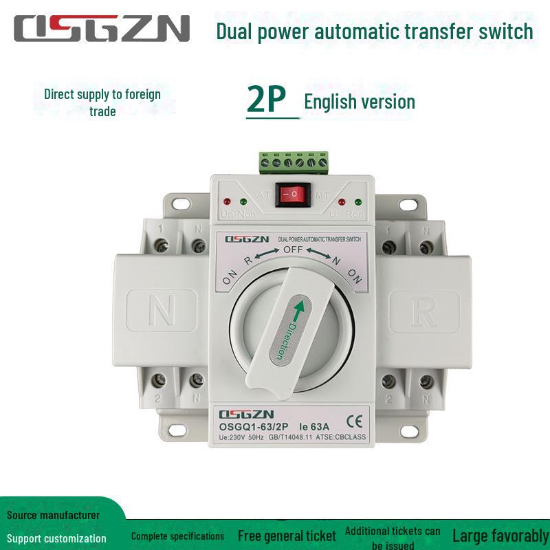 Dual Power Transfer Switch, 63A 2P, Automatic Switching for Household Backup