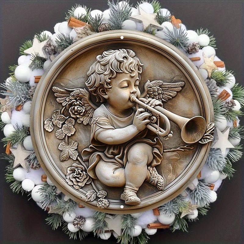 

3D рельефный ангел, играющий на трубе, деревянный знак, подходит для гостиной, стены, украшения дома, забавного декора, в качестве подарка 20x20cm 7.87x7.87in
