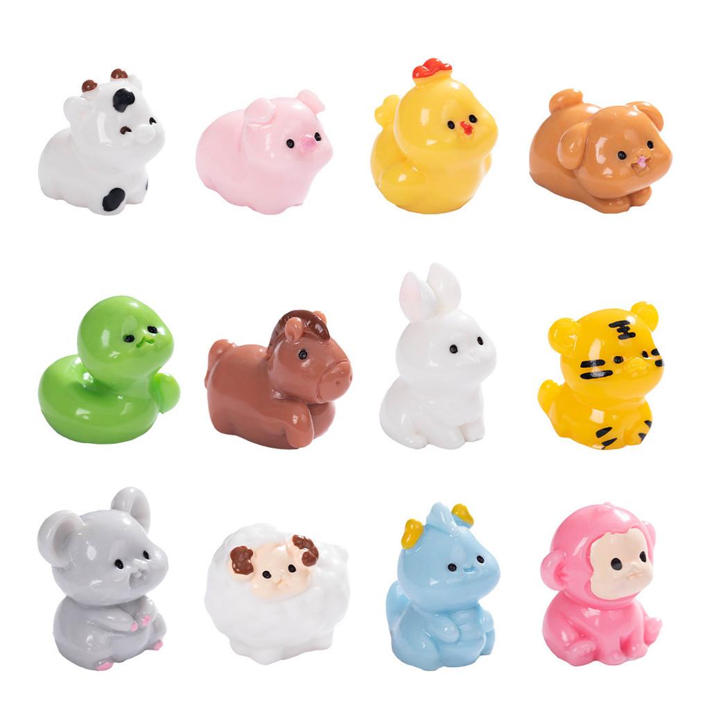 12Pcs/set Multicolors Cartoon Mini Zodiac Animal Miniatures Resin Ornaments Fairy Garden Decoration Moss Terrarium Micro Landscape