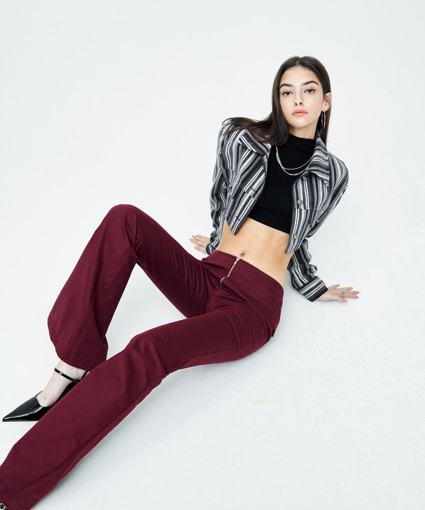 ATTENTIONROW FOR WOMEN Low-Rise Front Zipper Bootcut Pants (Burgundy)