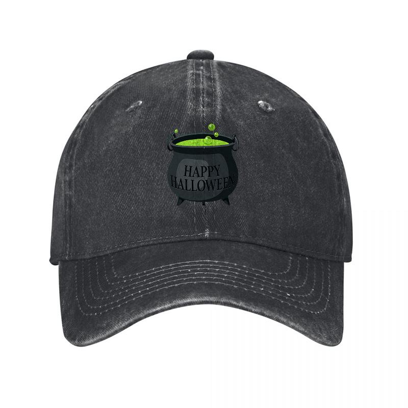 Halloween Cauldron Logo Washed Cotton Baseball Cap Black Adjustable Fit Classic Style Hat for Festive Occasions