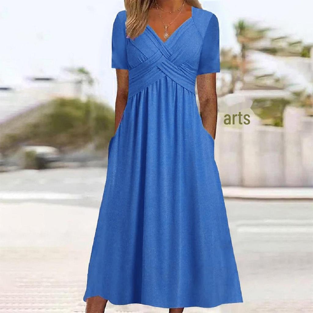 Womens Summer Long Dress V-Neck Short Sleeve Pullover Maxi Dresses Casual Beach Dress