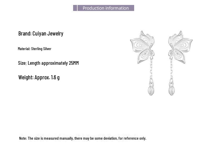 Cui Yan S925 Sterling Silver Korean Sweet Hollow Butterfly Tassel Earrings for Women - High-End Niche Style