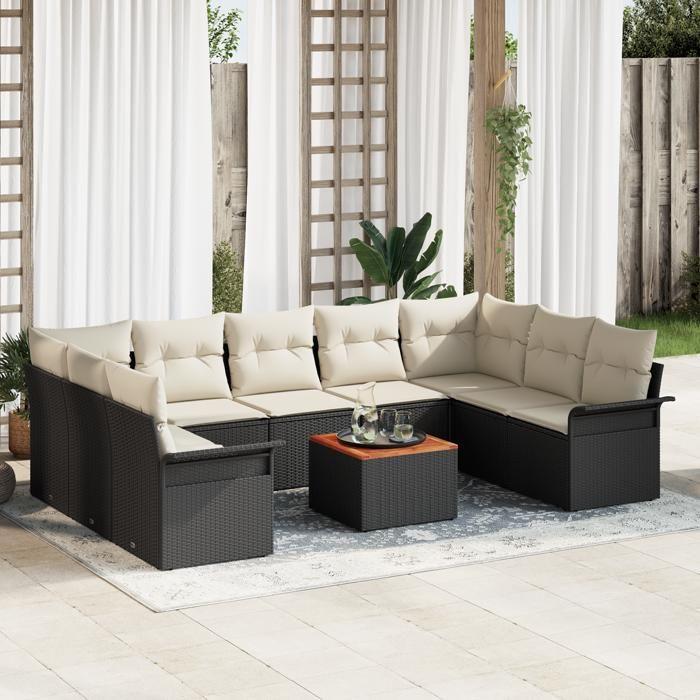 Ensemble de Canapé de Jardin avec Coussins en Poly Rattan Noir de 10 Pièces vidaXL, Canapé de Jardin 2 Places avec Rangement 3356038