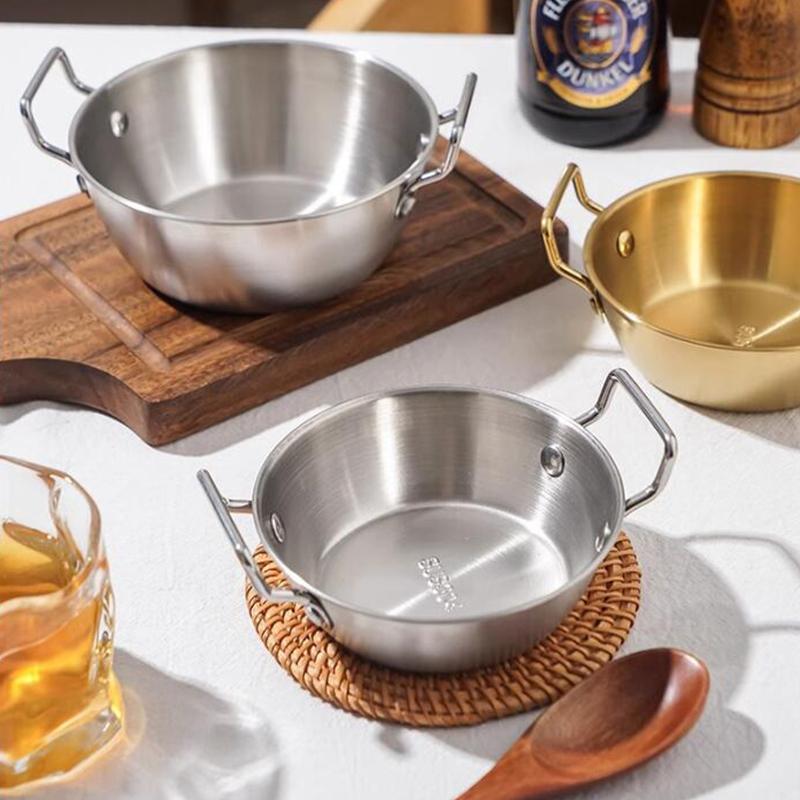 1pc Korean Style Salad Bowl 304 Stainless Steel Golden/Silver Instant Noodle Bowl with Double Handle Snack and French Fry Bowl