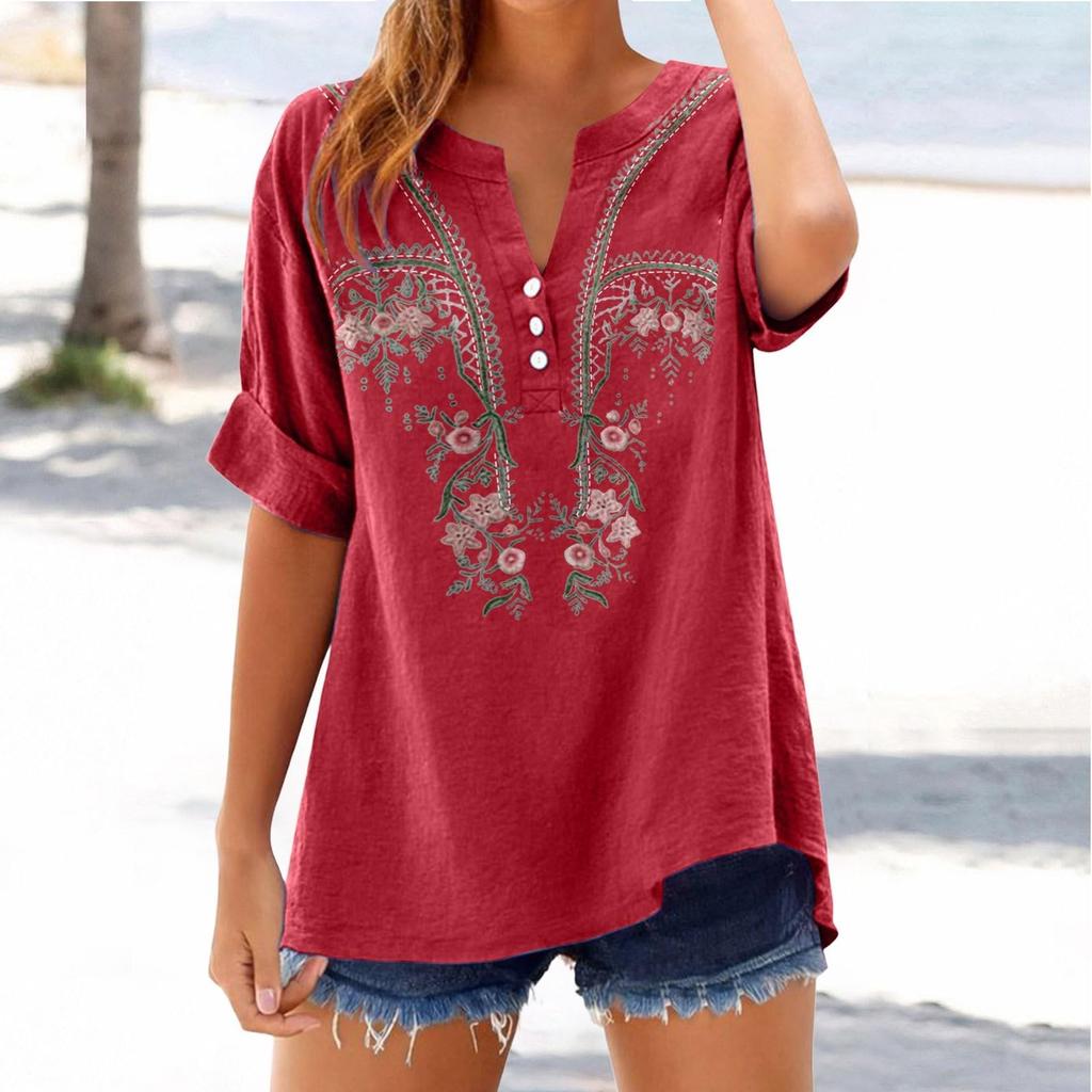 Haut T-shirt Décontracté Tendance pour Femme Coupe Ample Col en V Boutonné Brodé