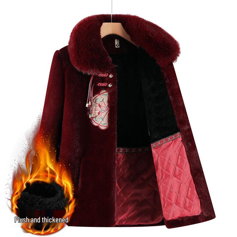 Maternity Autumn/Winter Fur-Trimmed Velvet Jacket - Chinese Style for Middle-Aged/Elderly Women