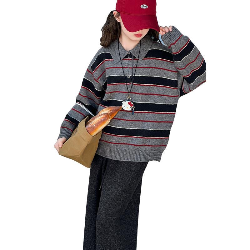 2025 Stickad polotröja med ränder för flickor - Höst/Vintermode för barn