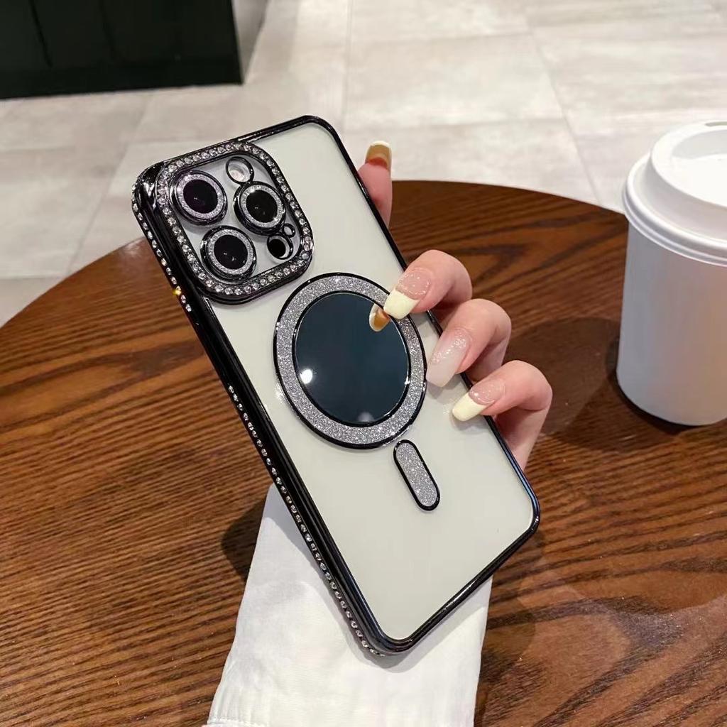 Applicable To Iphone17Pro Rhinestone Flash Powder Magnetic Suction Mobile Phone Case Mirror Apple 16 Luxury Transparent 15 Protective Case