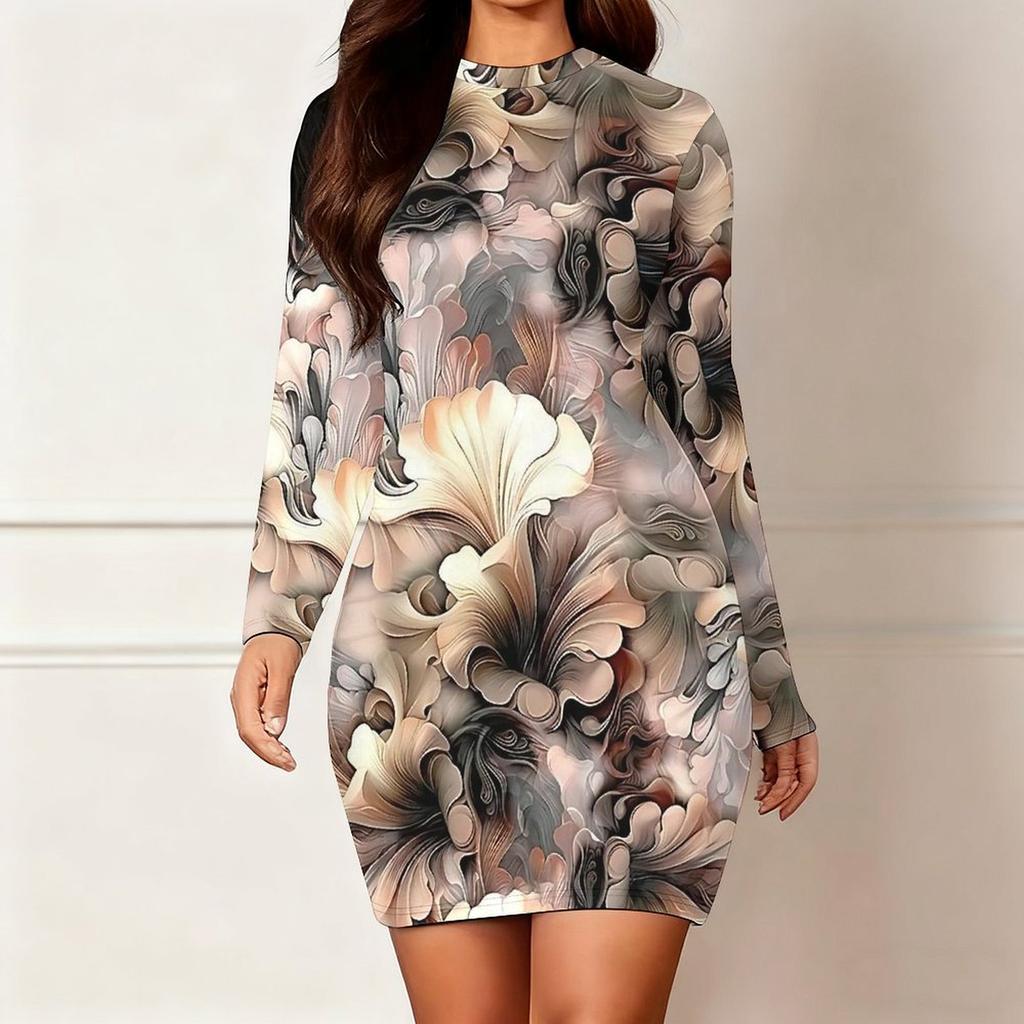 2025 Outono e Inverno Novo Estampa Floral 3D e Tingimento Moda Feminina Manga Longa Gola Redonda Vestido Envolvente de Quadril Dia dos Namorados Limitado