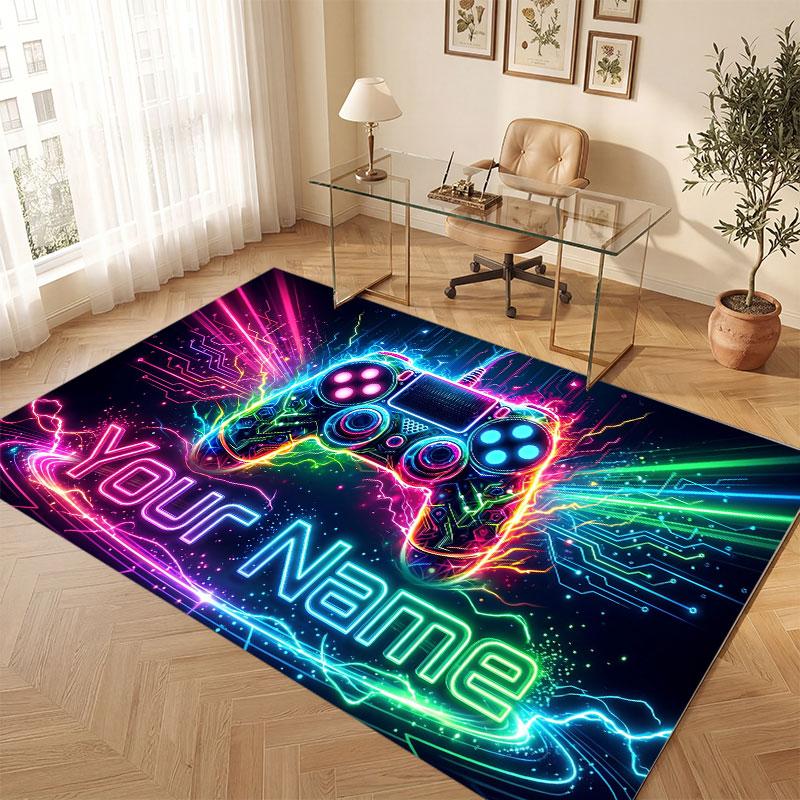 Tapis de sol en velours cristal thème manette de jeu Tapis chaud personnalisé avec nom texte Décoration de maison