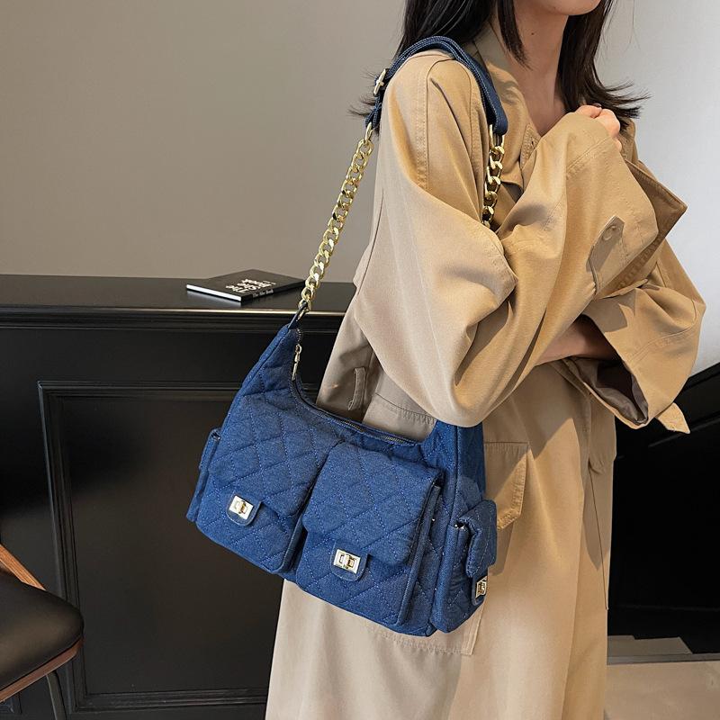 2025 Ming New Casual Versatile Washed Multi-Pocket Denim Bag Chain One Shoulder Underarm Bag Women's Bag