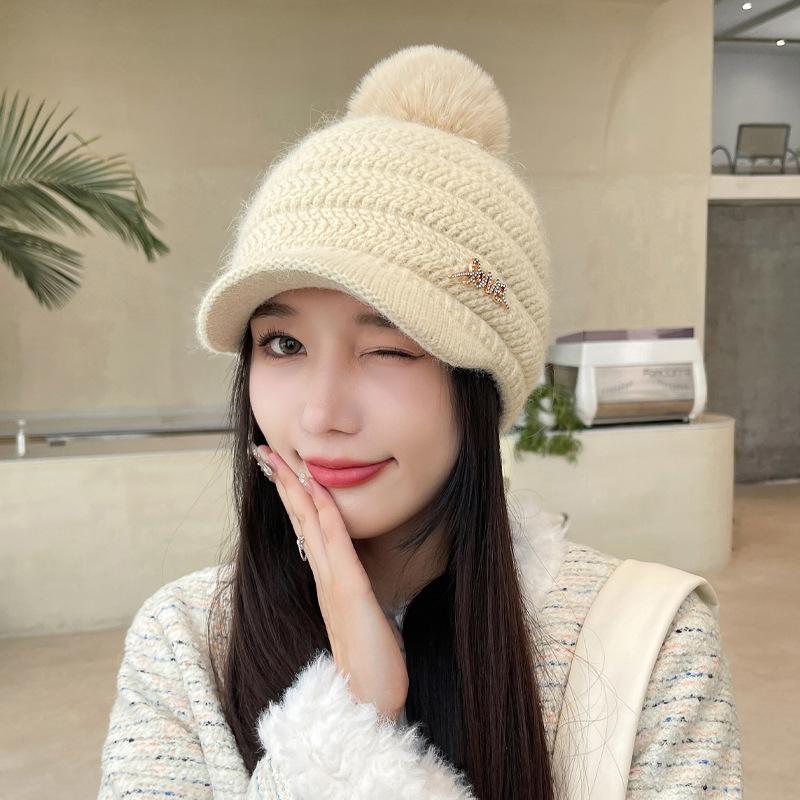 Rabbit-wool Hat for Women's Letters Bright Diamond Knitted Wool Cap Plus Velvet Warm Wool Ball Ear Protection Baseball Cap