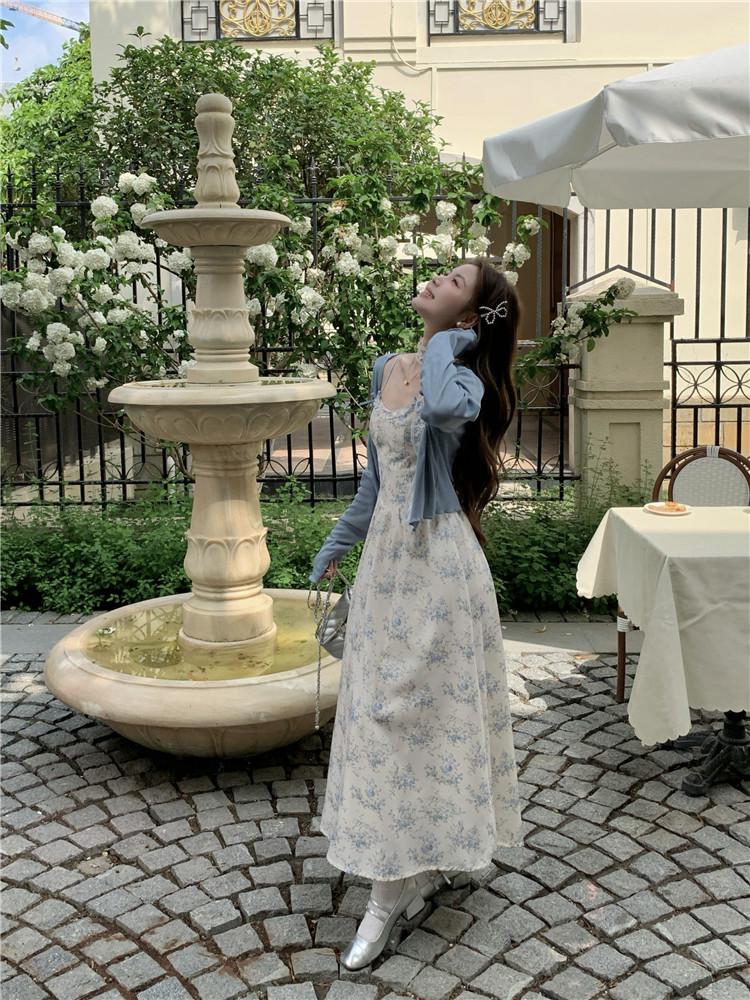 Plus Size French Retro Print Suspender Dress & Cardigan Set