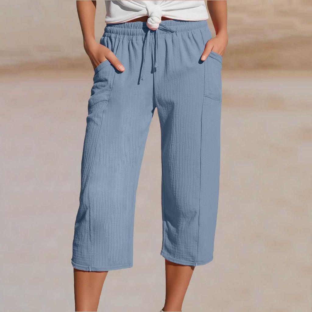 Women's Summer 3/4 Trousers  Summer Trousers With Pockets Causal Loose Trousers Fabric Trousers Sport Leisure Beach Trousers