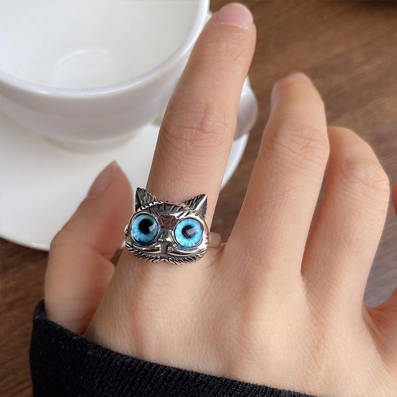 Cute Retro Thai Silver Cat Rings Fashion Cat Owl Eye Opening Adjustable Ring for Women Men Trendy Statement  Accessories