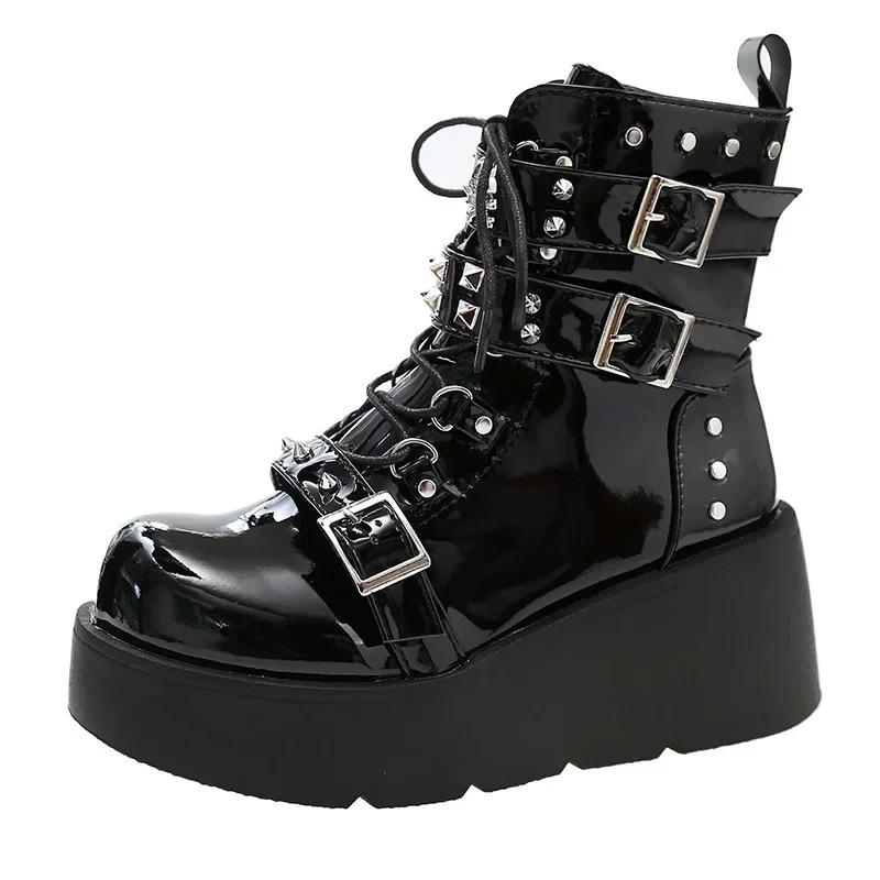 Fashion Punk Style Thick Bottom Motorcycle Boots Women's Platform Gothic Shoes Round Toe High Heel Ankle Booties Rubber Outsole