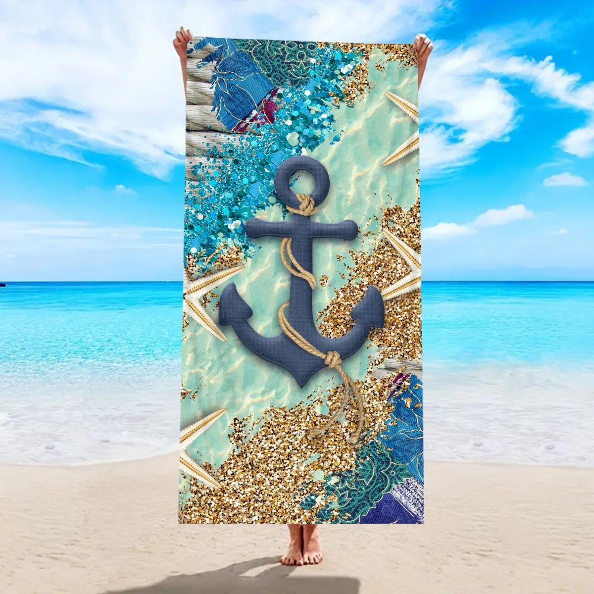 

1pc Ocean element printed beach towel, starfish, boat anchor, travel swimming pool yoga gym exercise towel W30*H60(CM)