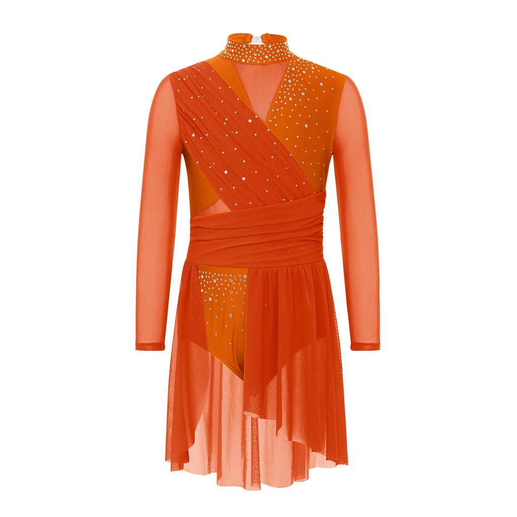 Girls Lyrical Dance Dress Mock Neck Long Sleeve Cutout Back Side Split Sheer Mesh Ruched Leotards