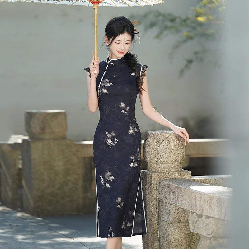 Elegant Black Modern Cheongsam Dress Women Sleeveless High Neck Fit-and-Flare Evening Gown With Brocade 2025