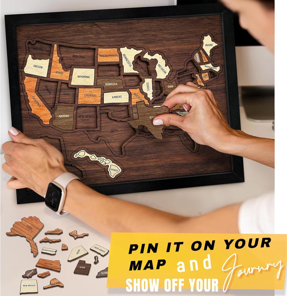 New Wooden USA Maps Puzzle Reusable Landmarks Cork Travel Map Multi-Purpose Portable Wooden Puzzle for Home Decor Remarks