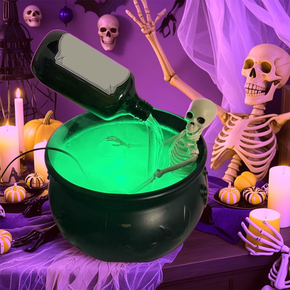 Spooky Witch Mist Maker Cauldron with Floating Bottle, Black Plastic Cauldron & Skeleton Halloween Decor LED Cauldron with Smoke