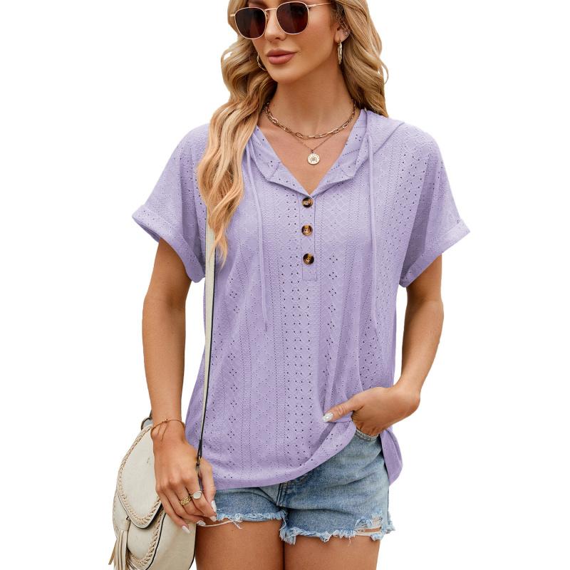 2026 Spring/Summer New Solid Color Buttoned Hooded Loose Short-Sleeve T-Shirt for Women