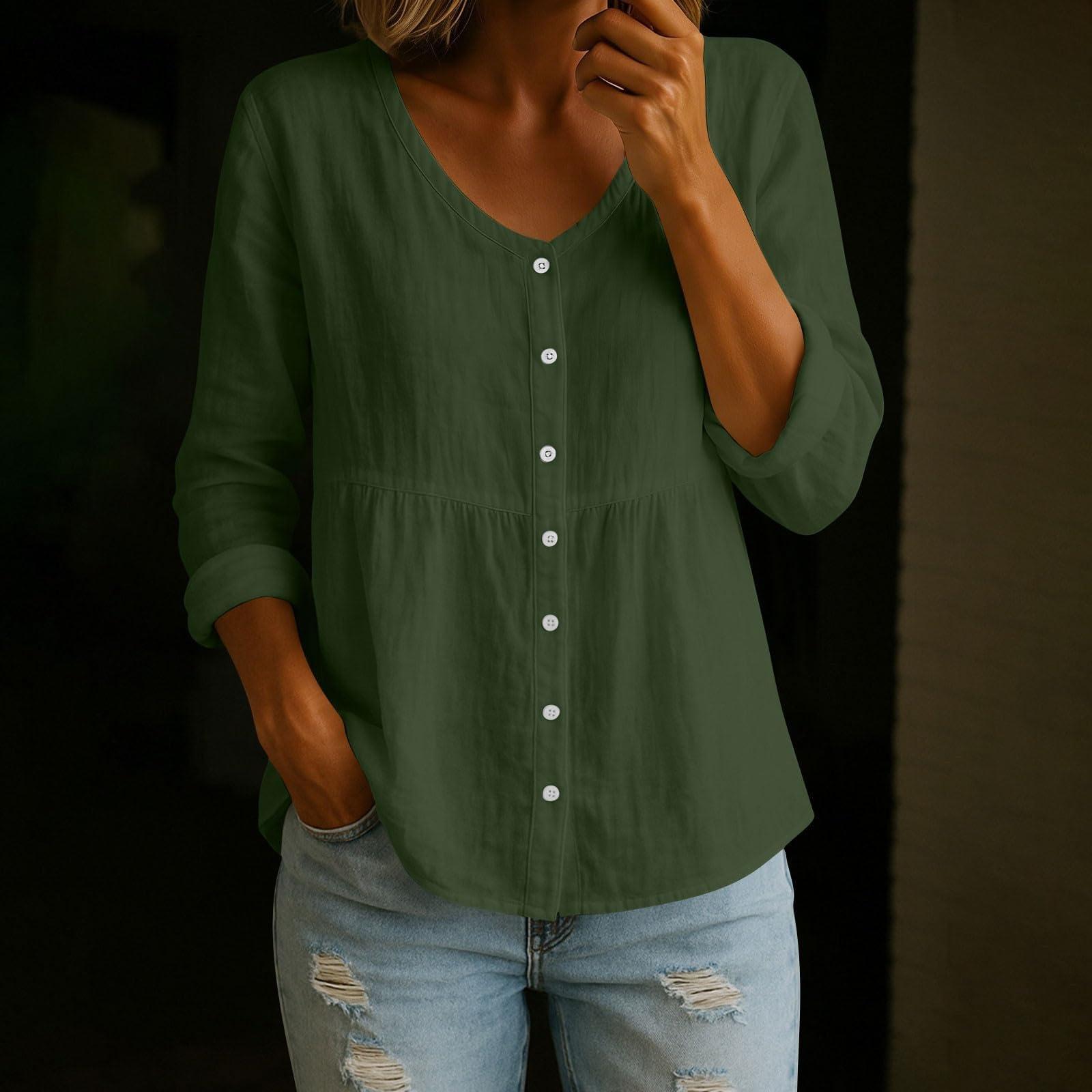 

Fashionable Women s V-Neck Linen Long Sleeve Shirt Loose Casual Button-Up Top For Spring And Commute L