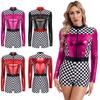 Women's Race Car Driver Costume Racer Checkerboard Long Sleeve Wet Look Jumpsuit