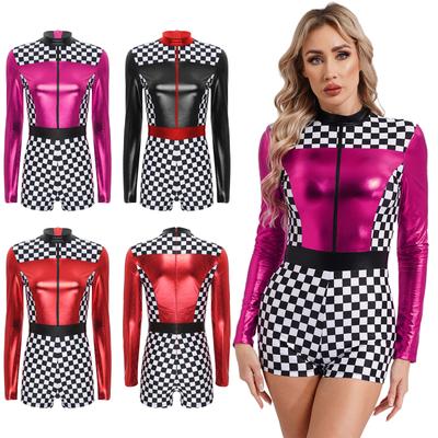 Costume de Pilote de Voiture de Course pour Femme Manches Longues Combinaison Shorty à Carreaux Bodysuit