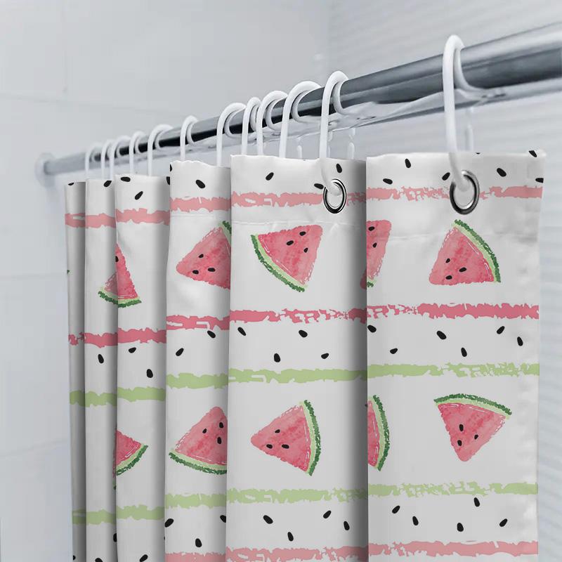 Watermelon Shower Curtain Watercolor Bath Decor For Bathroom Decoration Pink Green Stripe Design Waterproof Fabric Easy Installa