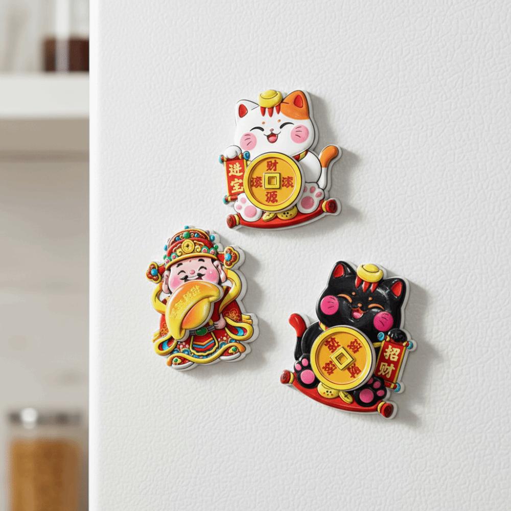Rotatable New Year Magnetic Sticker God of Wealth Cartoon Lucky Cat Fridge Magnets Blessing Traditional 3D Refrigerator Magnets