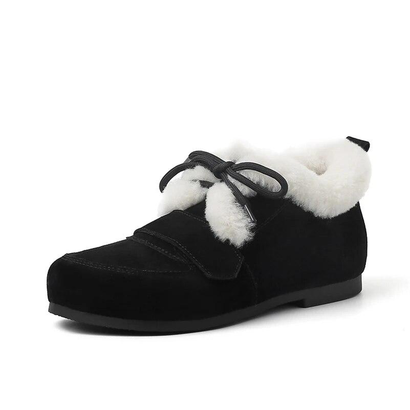 

Meotina/женские туфли из натуральной кожи на плоской подошве с круглым носком, меховые, на шнуровке, из коровьей замши, лаконичная женская модная повседневная обувь, зимняя обувь черного цвета, цвета хаки, 40 34 чёрный