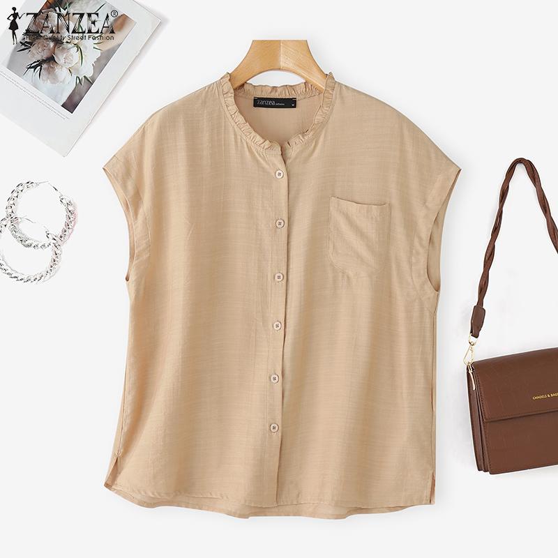 

ZANZEA Oversized Women Blouse Ruffled Round Neck Short Sleeve Button Down Solid Casual Tops 5XL хаки