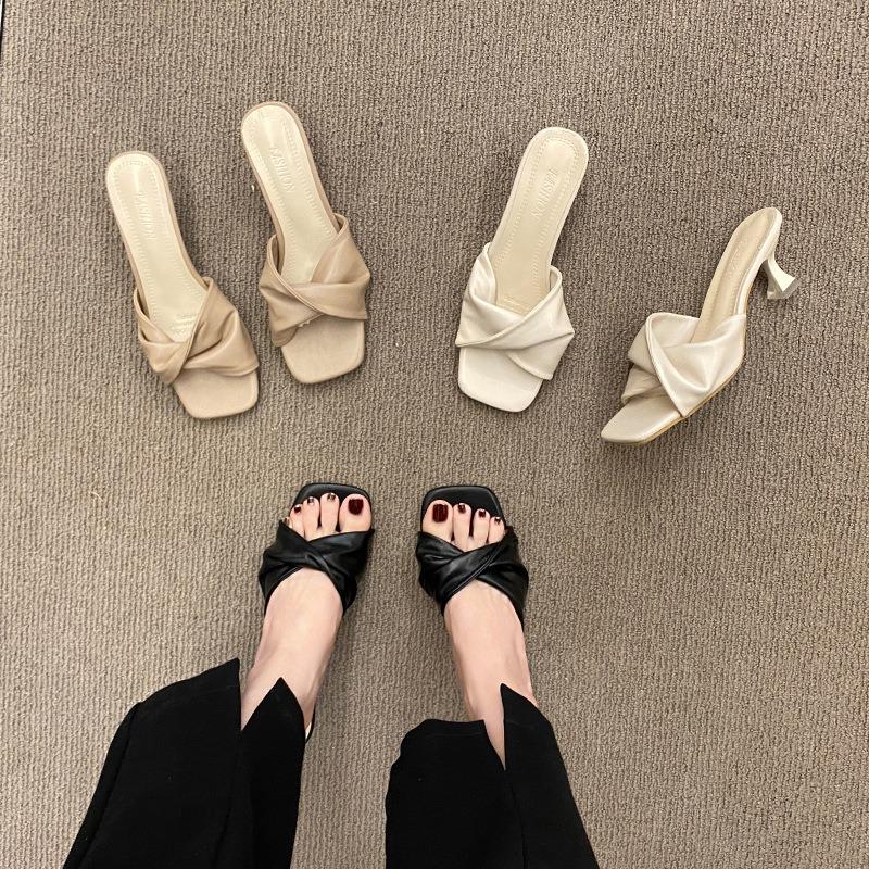 Summer New Simple High Heel One-word Sandals Cat Heel High Heels Children Wear Half Slippers