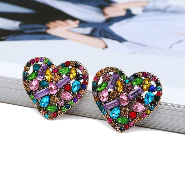 Korean Fashion Heart Metal Hollow Stud Earrings For Women Girl Luxury Bling Color Crystal Party Jewelry Aesthetic Accessories