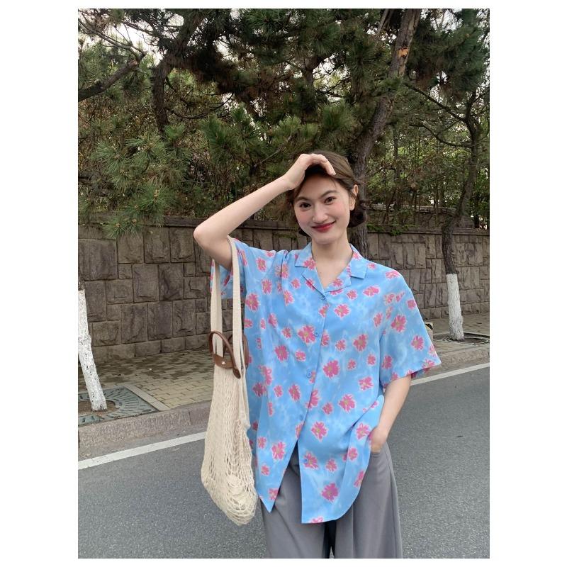 Flower Printing Women's Shirts Vacation Style Casual Short Sleeved Bloues Summer New Versatile Ladies Clothing