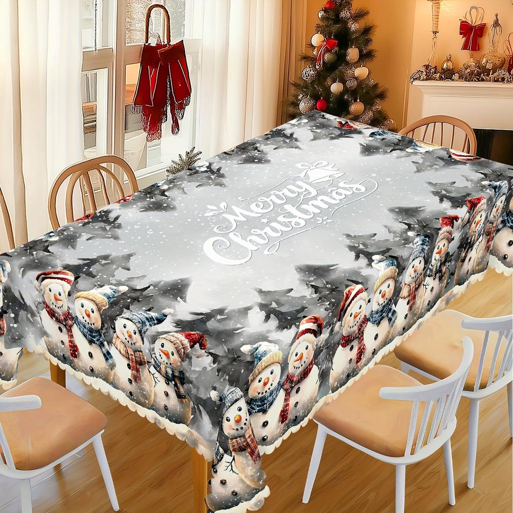 Tablecloth with Embossed Edges , Featuring a Merry Christmas Theme for Parties, Adorned with a Buffalo Check Bow, Poinsettias, Christmas Trees
