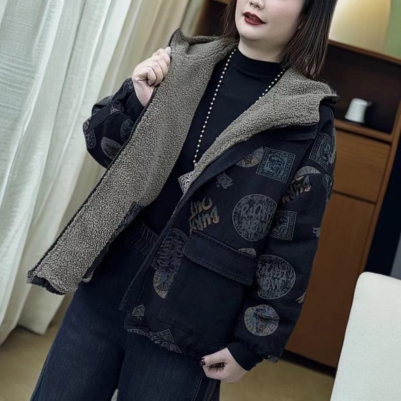 2025 Winter Women s Plaid Hooded Cotton Coat with Plus Velvet - Stylish, Thick, and Age-Reducing Jacket M чёрный