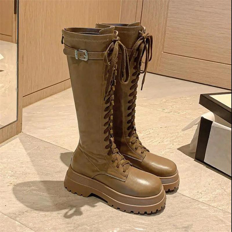 ins trendy belt buckle muffin thick-soled high boots women's autumn and winter lace-up but knee boots popular Internet celebrity women's boots