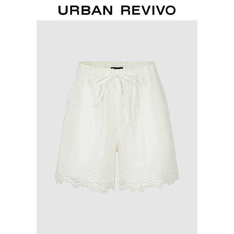 UR2026 Women s Casual Solid Color Lace-Trim Tie-Waist Shorts L