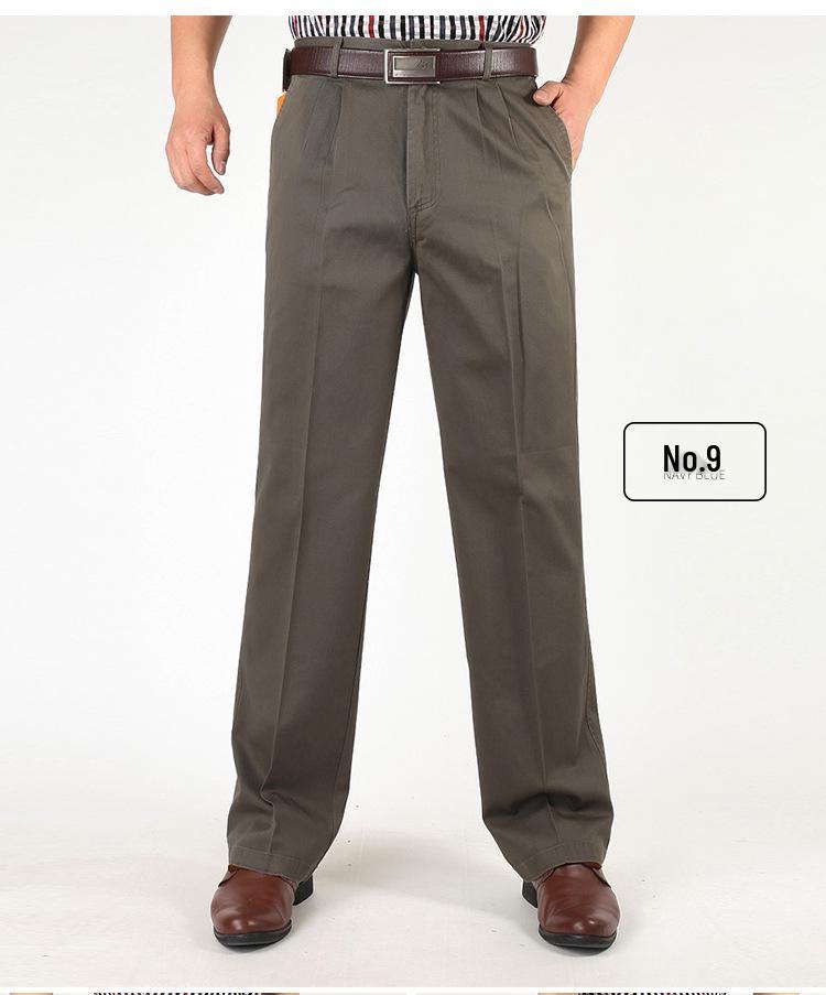 Pantaloni Casual de Vară din Bumbac cu Croială Largă pentru Bărbați - Talie Înaltă, Picior Drept, Cu Pliuri Duble pentru Bărbați de Vârstă Mijlocie și Vârstnici