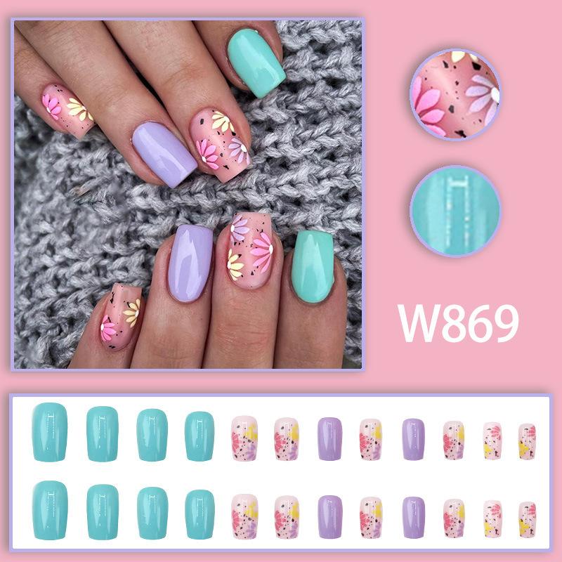 

24 шт. маленькие свежие летние цветочные зеленые таро фиолетовые нейл-арт таблетки темперамент модные нишевые носить ногти