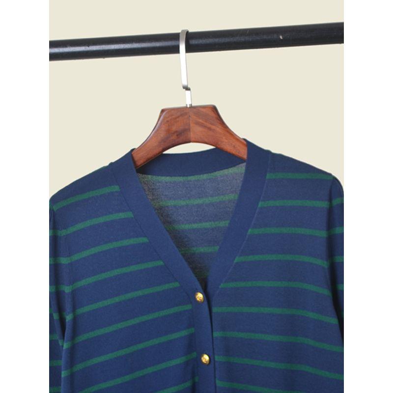 Hong Kong Style Vintage Stripe Knitwear V Neck Cardigan Long Sleeves Female 2024 New Arrival Metal Button Fashionable All-Matching Jacket
