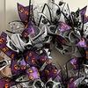 Theme Halloween Decor Mesh Ribbon Wreath for Front Door, Spooky Skull Pumpkin with Bow, Purple Black Stripe Decorative Garland Doors Walls Windows