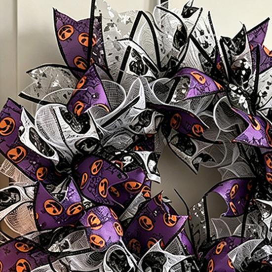 Theme Halloween Decor Mesh Ribbon Wreath for Front Door, Spooky Skull Pumpkin with Bow, Purple Black Stripe Decorative Garland Doors Walls Windows