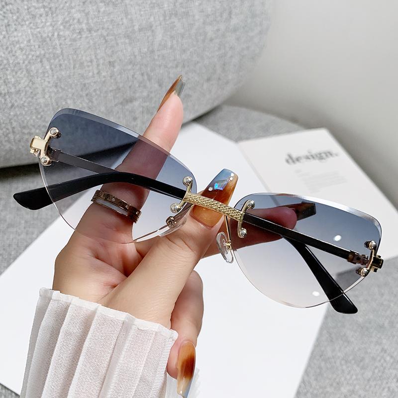 Frameless Sunglasses Gradient Color Cut Edged Sunglasses Cat Eye Fashion Sunscreen Decorative Metal Glasses 90256