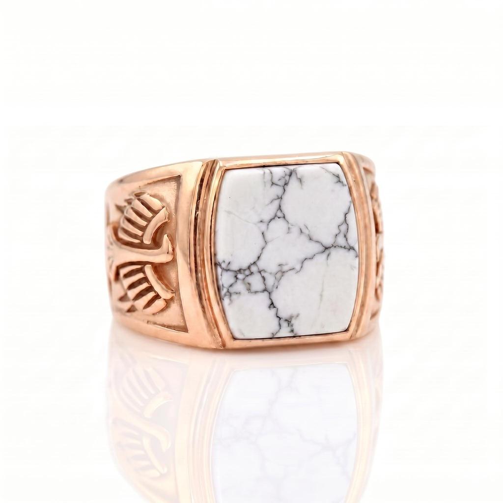 White Howlite Ring, 925 Sterling Silver Ring, Natural Howlite Men's Ring, Vintage Look Signet Ring, Mens Ring, Gift For Him