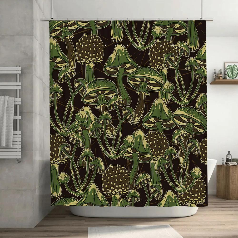 Mushroom Print Shower Curtain Waterproof Bathroom Decor Home Decoration Wall Hangings for Bathtub Kitchen Green and Brown Colors